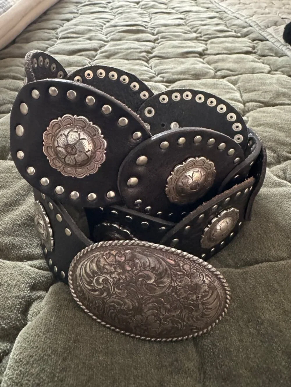 80s Moroccan Leather Hip Belt / Vintage 80s Blk Leather Studded Concho Disc Belt